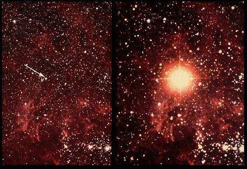 snmka hviezdy Sanduleak (meno pred vbuchom) a supernovy 1987a (oznaenie po vbuchu).